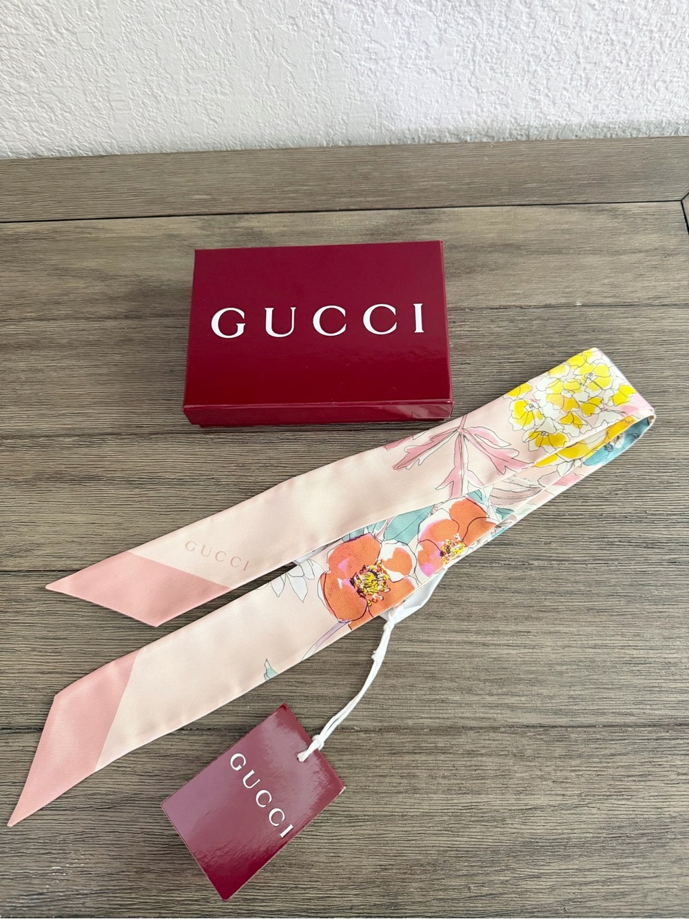 Gucci Pink Floral Silk Ribbon Scarf with Yellow Accents